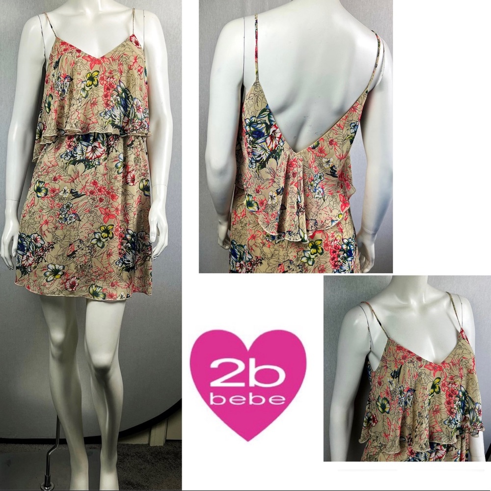 2B Bebe Floral Asymmetrical Flowy Tiered Low Cut High Low Backless Mini Dress